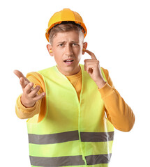 Male builder with earplugs on white background