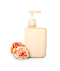 Bottle of cosmetic product with rose flowers on white background