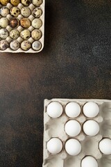 Fototapeta na wymiar Different kinds of bird eggs in paper tray. White chicken and quail eggs on dark background. Top view, copy space or empty place for text.