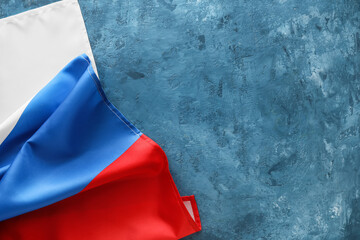 Russian flag on blue background, closeup