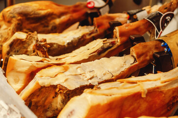 Top view of sliced ​​pork ham. Jamon in the supermarket.