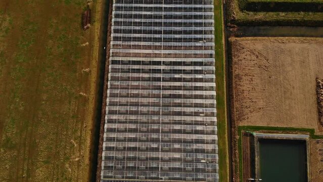 Aerial View Of Industrial Agricultural Greenhouses In Barendrecht. Birds Eye View Pedestal Down Dolly