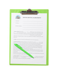 Clipboard with house rental agreement and pen on white background