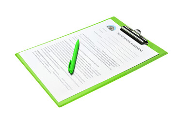 Clipboard with house rental agreement and pen on white background