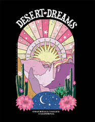 Desert Dreams slogan and desert view print, for California, Arizona desert vibes t-shirt design 