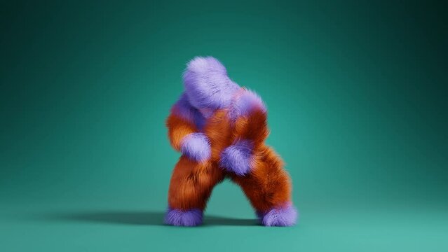 3D render of funny colorful furry mascot dancing joyfully. Fur monster dance.