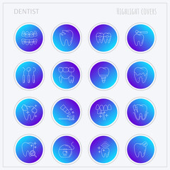 Dentist cabinet: dental instruments, toothbrush and toothpaste, caries, veneers, tooth whitening, implant, ultrasonic cleaning. Highlights for stories. Thin line icons set, vector illustration.