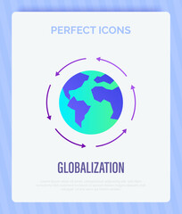 Fototapeta premium Globalization, arrows around the planet. Gradient flat icon. International business, worldwide distribution, logistic transportation. Overconsumption. Vector illustration.