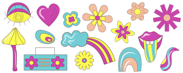 Groovy retro psychedelic set with flower, rainbow and music. Retro happy flower vector art illustration. Vintage floral illustration. Vector set.