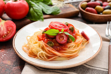 Plate with tasty Pasta Puttanesca and basil on table, closeup