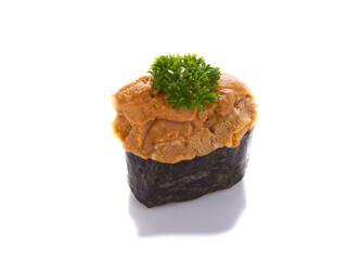 Uni sushi overflowing on a white background