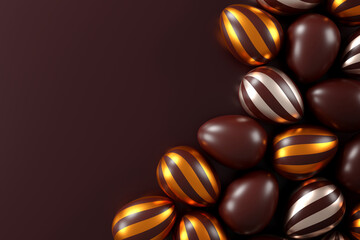 delicious chocolate easter eggs on brown background.  flat lay. top view. happy easter day concept. 3D illustration