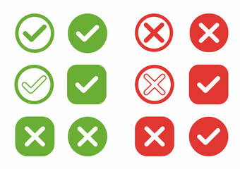 Green tick mark and red cross, vector icons