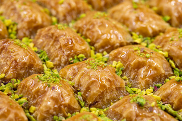 Pistachio baklava. Close-up. Traditional Middle Eastern Flavors. Traditional Turkish baklava. local name fistikli baklava