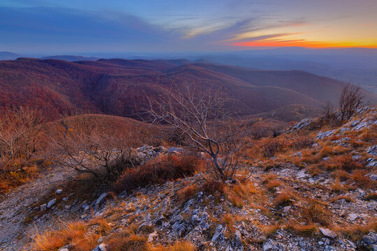 View of Bukk mountains in Hungary at sunset