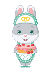Cute bunny baker with cake. Cartoon vector illustration