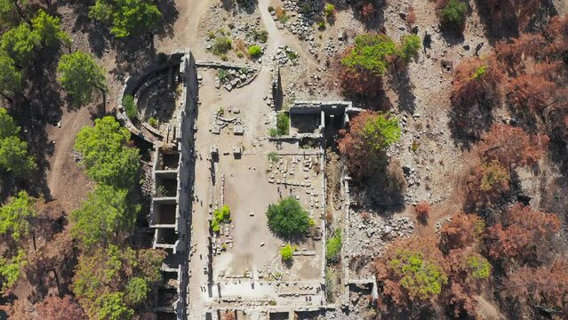 Taurus Mountains. Manavgat. Seleucia (Pamphylia, Lyre, Lyre). Forest fire in the mountains. The ancient ruins of Seleucia. Ancient city on the Mediterranean coast of Pamphylia, in Anatolia
