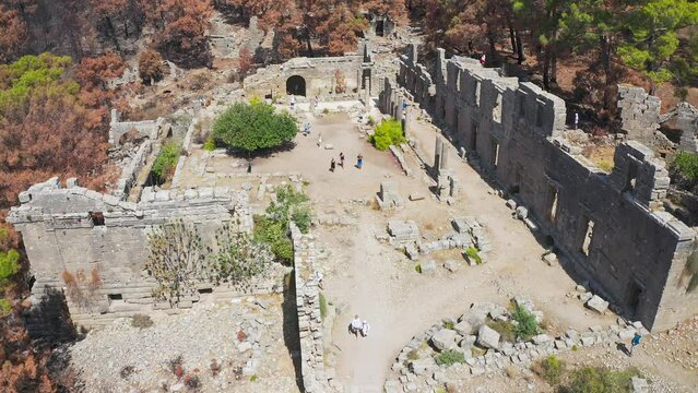 Taurus Mountains. Manavgat. Seleucia (Pamphylia, Lyre, Lyre). Forest fire in the mountains. The ancient ruins of Seleucia. Ancient city on the Mediterranean coast of Pamphylia, in Anatolia
