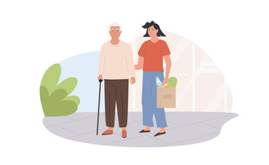 Female caretaker and elderly man doing shopping. Scene of volunteer with senior person helping to buy groceries. Social worker helping grandpa. Nursing retirement home services. Vector illustration.
