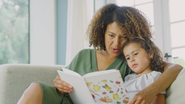 Mother and daughter sitting on sofa at home reading book together - shot in slow motion