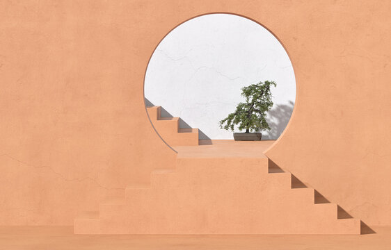 Orange concrete stairs with round wall opening and bonsai tree in pot against orange and white wall; abstract step perspective view; simple architectural design elements; 3d rendering, 3d illustration