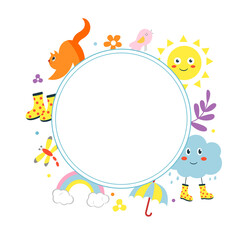 Colorful background for kids. Frame with many cute characters. Vector illustration.
