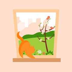 Spring window with a playful cat on the windowsill. Spring background picture. Vector illustration.