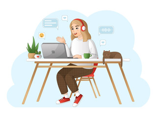 businesswoman working on laptop, home office concept, person working at home, student or freelancer, social networking