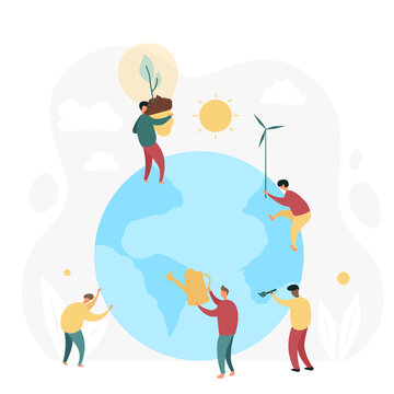 Global environmental ecology and volunteer community support. Group of people taking care of planet flat vector illustration