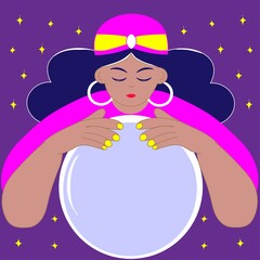 Color, flat illustration of a fortune teller or clairvoyant. A woman doing magic with a glass sphere or a crystal ball. Predicts the future.