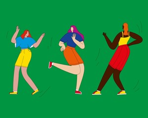 Three running, moving women greet each other. The concept of sports, healthy lifestyle, recreation. Women move back and forth. Color flat vector illustration isolated on a green background