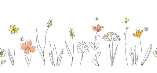 Vector nature seamless border with bees, wild herbs and flowers on white. Continuous line drawing background. Doodle hand drawn style floral illustration