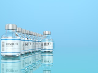 Ampoules with COVID-19 coronavirus vaccine, to fight the coronavirus sars-cov-12 pandemic. with copy space - realistic 3d render