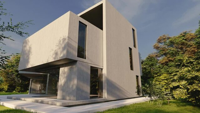 Upscale modern building with pool and garden