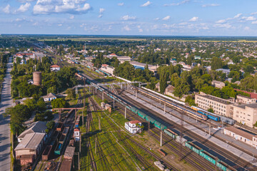 Krivoy Rog railway station from a drone. Trains.