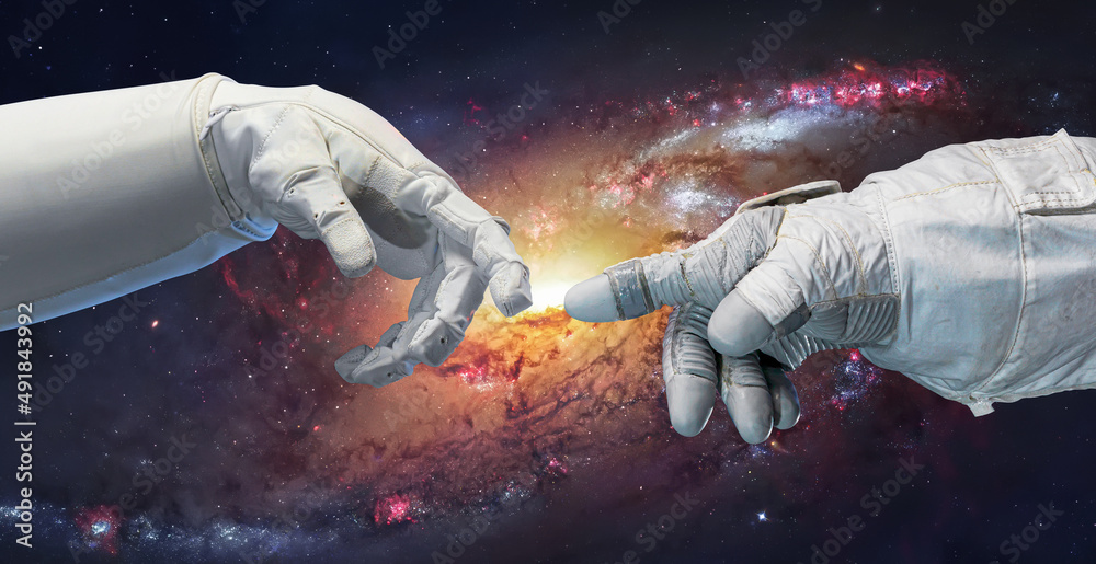Poster Astronaut in glove and robot hands in space. Spiral galaxy on background. Technology and space flight. Elements of this image furnished by NASA