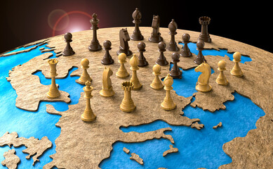 symbol of geopolitics in the world with chess pieces. 3D illustration - 491843997
