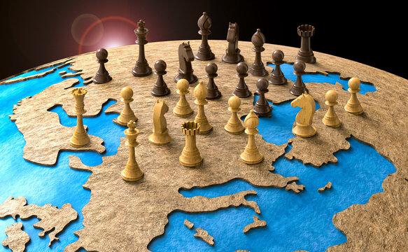symbol of geopolitics in the world with chess pieces. 3D illustration