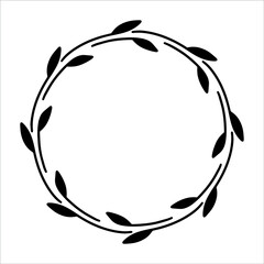 Obraz premium Vector hand drawn spring wreath isolated on white background. Silhouette circle of leaves. Doodle style. Floral monogram frame.