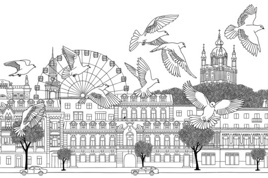 Peace doves flying over Kyiv, Ukraine. Ink illustration of Kyiv's skyline, with historical houses of the Podil neighbourhood, the ferris wheel at Kontraktova Square and St. Andrew's church