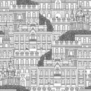 Hand drawn seamless pattern of historical Ukrainian houses and St. Andrew's church (Kyiv)
