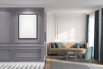 Modern classic interior with a blank illuminated vertical poster on a gray classic wall. There are coffee tables with a sofa and armchair near a window with green curtains in the background. 3d render