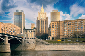 Moscow river. Russia Capital. Summer cityscape of Moscow. Borodinsky bridge view from river....