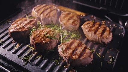 Delicious juicy meat steak cooking on grill. Aged prime rare roast grilling tenderloin fresh marble tenderness beef. Prime beef fry on electric roaster, rosemary, black pepper, salt. Slow motion.