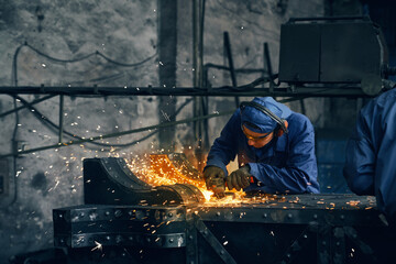 Close up of man in special dark blue uniform making gates from iron in garage or workshop. Concept of process working with grinding machine in garage.  - obrazy, fototapety, plakaty