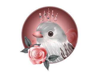 grauer Vogel mit Rosen und Dornr&ouml;schen Krone