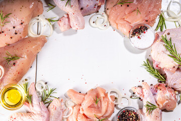 Assortment different pieces chicken meat. Cooking white meat, butcher shop concept. Chicken legs,...
