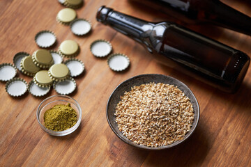 Bottles with supplies for making homemade beer