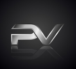Modern Initial logo 2 letters Silver Metal Chrome simple in Dark Background with Shadow Reflection PV