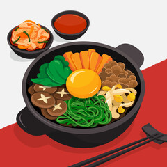 Korean rice bowl filled with assorted vegetables, egg and meat illustration vector. (Bibimbap recipe)